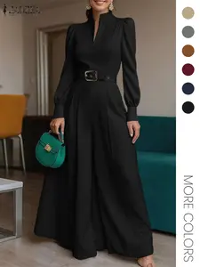 Women's European Style Commuter Mock Neck V-Neck Long Sleeve Woven Wide Leg Jumpsuit, No Pocket Design, Perfect for Office Wear