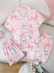 Women's Sleepwear Set, Button Front Short Sleeve Top & Loose Comfortable Shorts/pants, Casual Bow Cat Pattern, All Seasons Wear