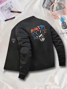 Women's Fashion Jacket with Nurse Heart Graphic, Casual Fitted Zipper Cardigan for All Seasons, Stylish Outerwear Coats for Daily Wear