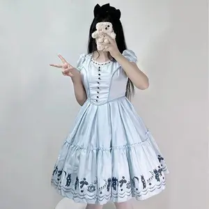 Halloween Alice Fantasy Wonderland Kingdom Japanese Blue Cute Women's Maid Cosplay Costume Short Sleeves Lolita Princess Dress