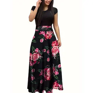 Floral Print Splicing Dress, Elegant Crew Neck Short Sleeve Pleated Maxi Dress, Women's Clothing