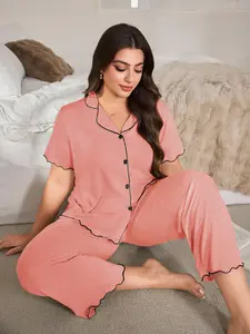 Soft Haven Women's Plus Size 2-Piece Ribbed Knit Pajama Set - Short Sleeve Henley Top with Lettuce Edge, Curve-Friendly Pants, Soft Loungewear Nightwear (0XL-4XL)