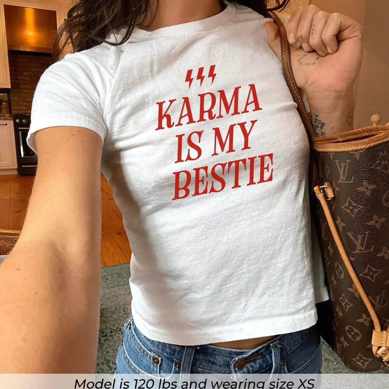 Karma Is My Bestie Baby Tee, Y2K Graphic Crop Top, Edgy Red Shirt, Sassy Trendy Meme Shirt for Her, Baby Tee For Women