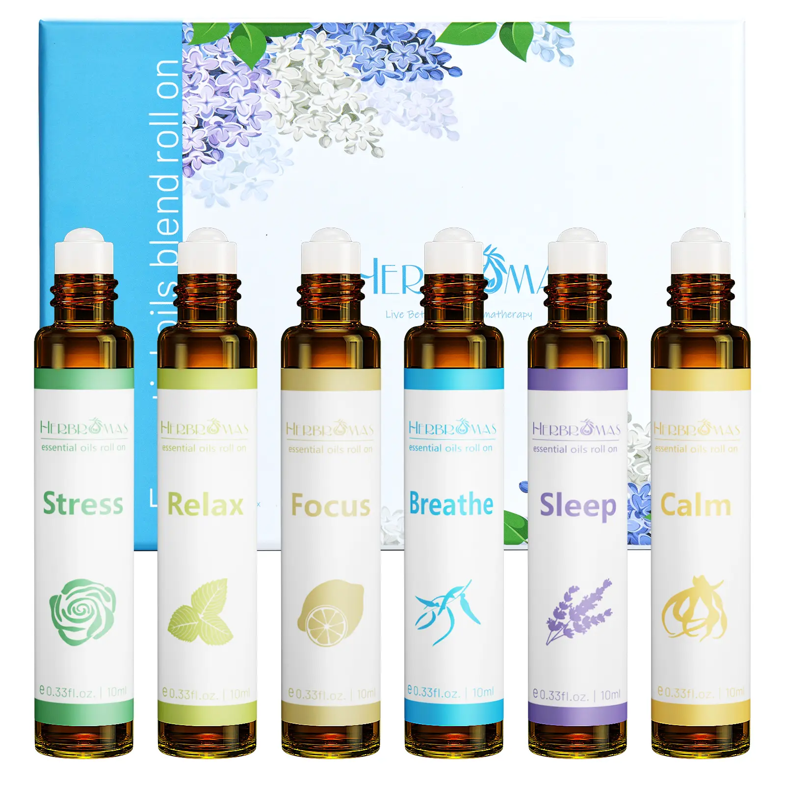 HERBROMAS Aromatic Essential Oil Roll-On Set, 6 Pack of Pre-Diluted Natural Blends, Scented Body Oils for Calming Self Care, Father's Day Gift for Women & Men