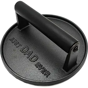 DAD EVER Heavy Duty Cast Iron Grill Press Burger Press Bacon Press Barbecue Press Meat Press Burger Smasher Griddle Press Round Garlic Press with Anti Scalding Wooden Handle Gifts for Dad(7")