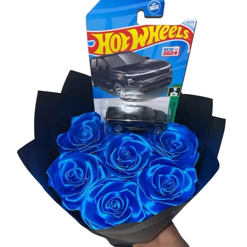 Hotwheel Bouquet - Customizable Rose Arrangement with Roses & Hotwheel Race Car Gift Eternal Flowers for Mom Girlfriend Mother Day Decorative Royal Blue Satin Ribbon Fruit Plants