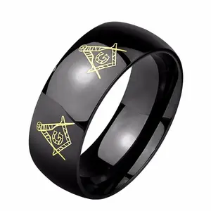 Lanyjewelry 8mm Hypoallergenic Black IP Stainless Steel Engraved Ring - Masonic Symbols Around the Band, Engraved Rings for Adults