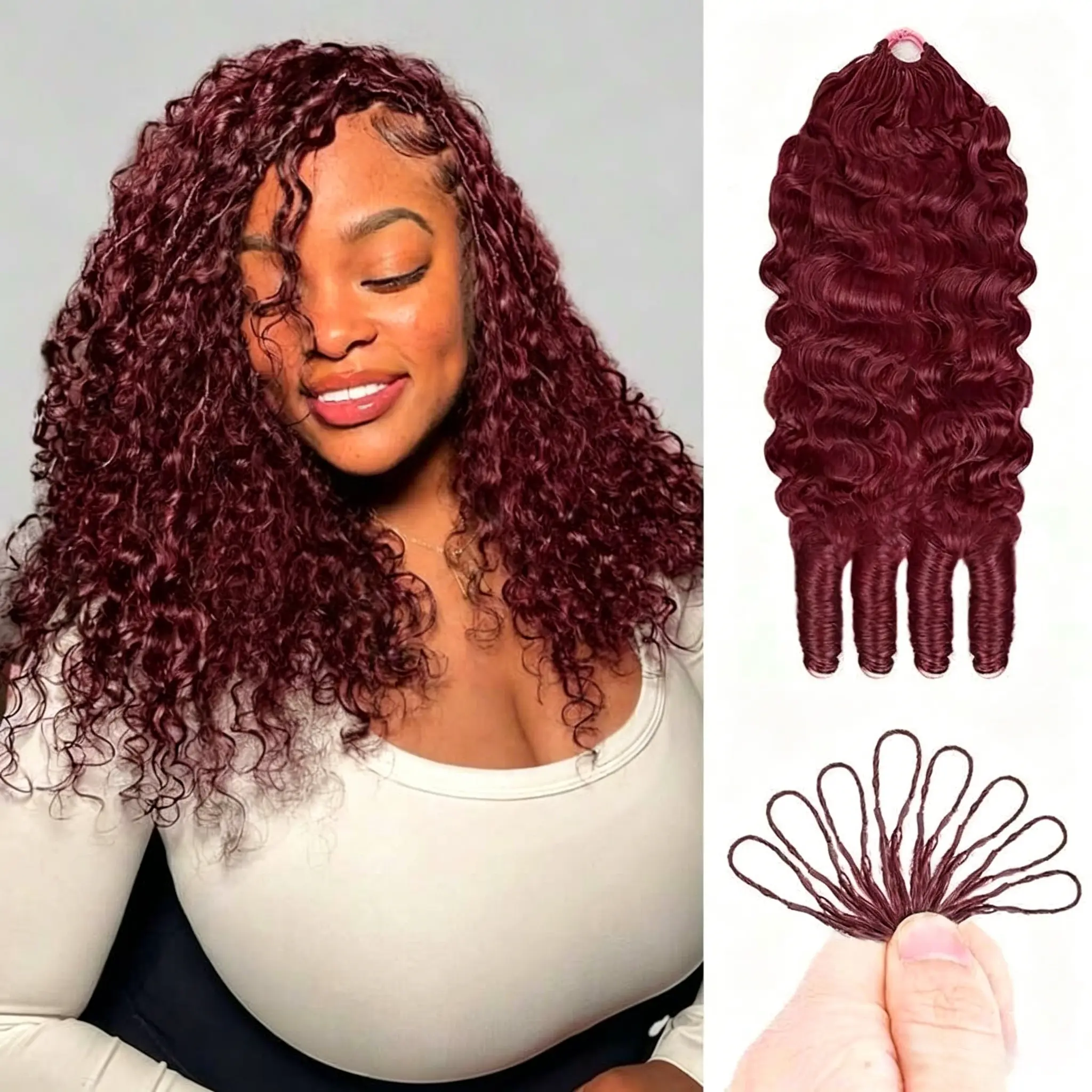 [New In] MYLOCKME 99J Burgundy Miracle Knots Burmese Curly Feathered Human Crochet Hair Extensions Bundles for Black Women, Chemical-Free Real Human Hair Bundles, Weave Extensions with Fuller Curl Volume, Darker Color Dye Recommended