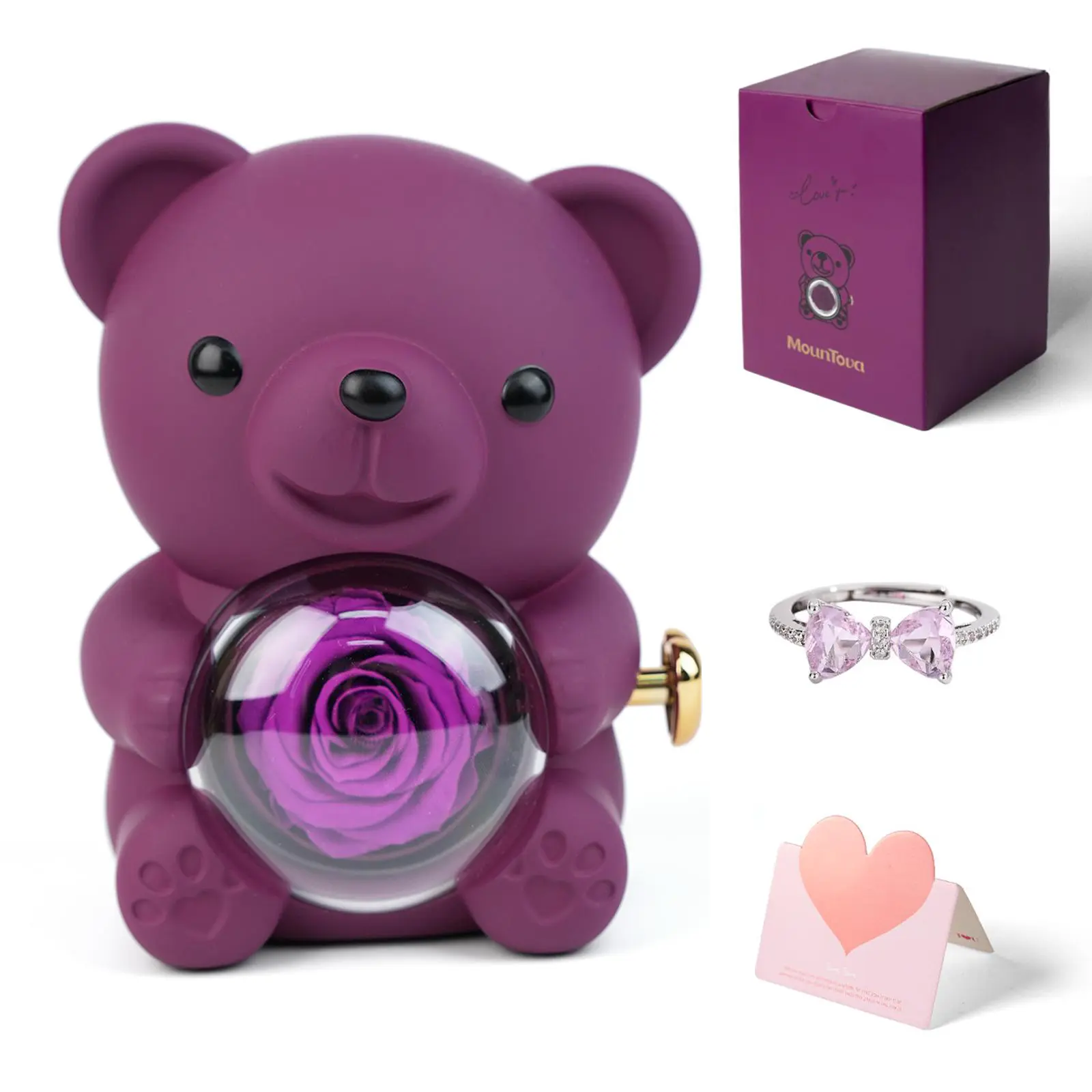 Purple rose bear+ring+gift bag+card