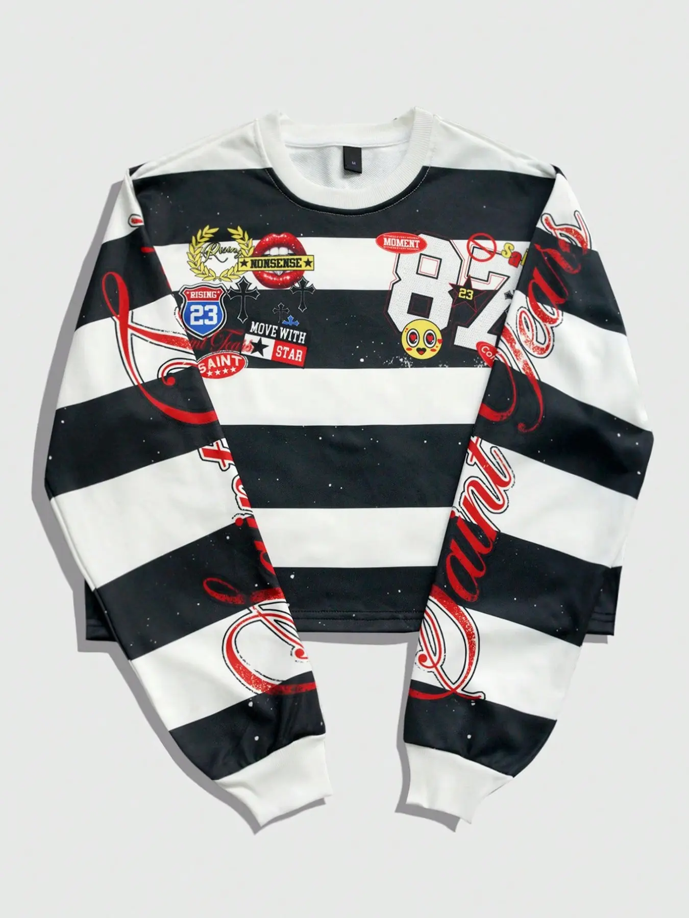 Unisex Eye Print Long Sleeve Sweatshirt, Black and White Striped Lightweight Crew Neck Top for Spring & Fall, Loose Fit Casual Vintage Streetwear