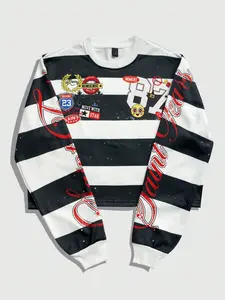 Eye Print Long Sleeve T-Shirt, Black and White Striped Thin Sweatshirt for Spring and Autumn, Short Fit Unisex, European and American Fashion Trendy Casual Brand Long Sleeve Streetwear Crewneck Shirts, American Vintage Tops