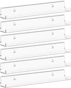 Floating Shelves for Vinyl Record, 6 Pack 12" Clear  Wall Shelf Room Decor for Book/Photo/Picture/Makeup Display in Bedroom, Living Room, Bathroom Storage and Organization