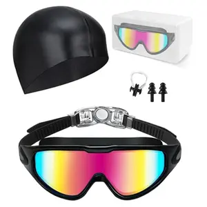 Swimming Goggles Set with Nose Clip Ear Plugs Swimming Cap Storage Box, Anti Fog UV Protection Wide Angle Comfortable Adjustable Unisex