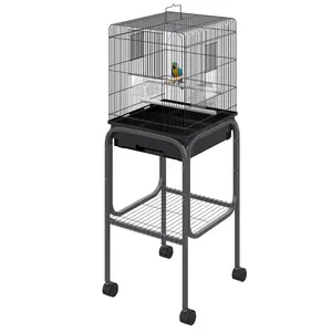 45-inch Metal Indoor Bird Cage, Parrot Cage, Bird Aviary with Detachable Rolling Stand, Storage Basket, and Accessories - Black