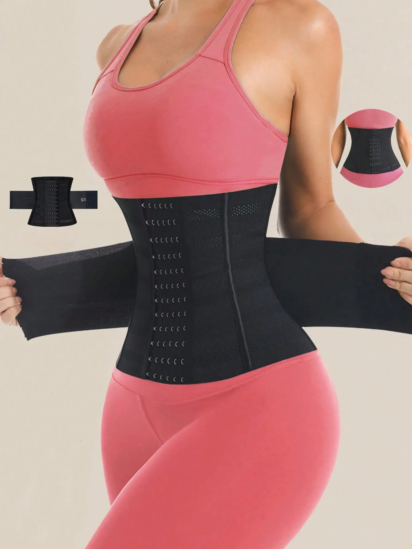 Queenral Women's Adjustable Double-Belt Wrap Waist Trainer Corset Shapewear Sheath - Breathable Mesh Fabric, Comfortable, Compression, Stretchable, Seamless Flat Belly-Tightening Tummy Control Girdle for Everyday Wear (Black Waist Trainer Black Corset)