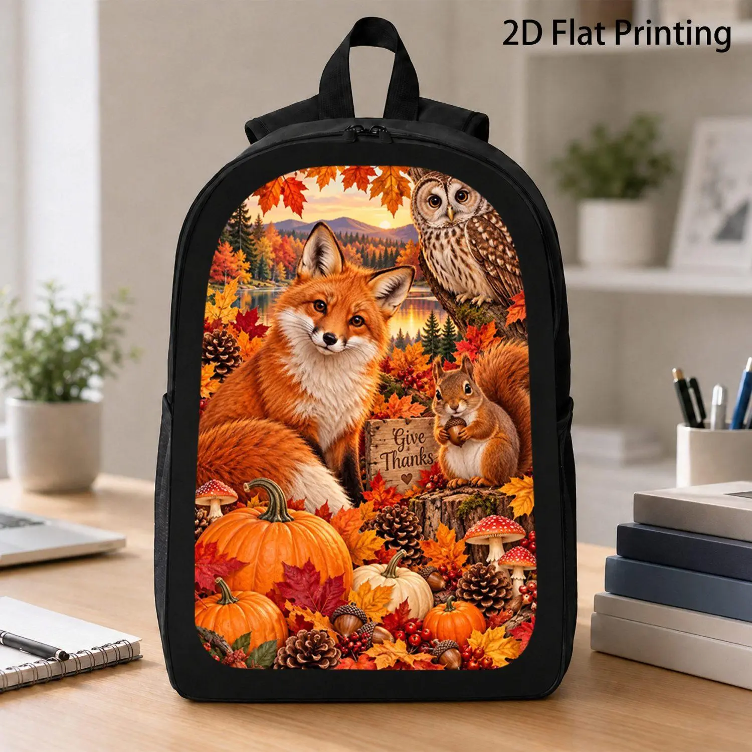 [17 Inch Backpack] 1pc Autumn Forest Fox Owl Squirrel Pumpkin Fall Leaves Print Backpack Hot Thanksgiving Wildlife Harvest Backpack For Daily Travel And Casual Outing