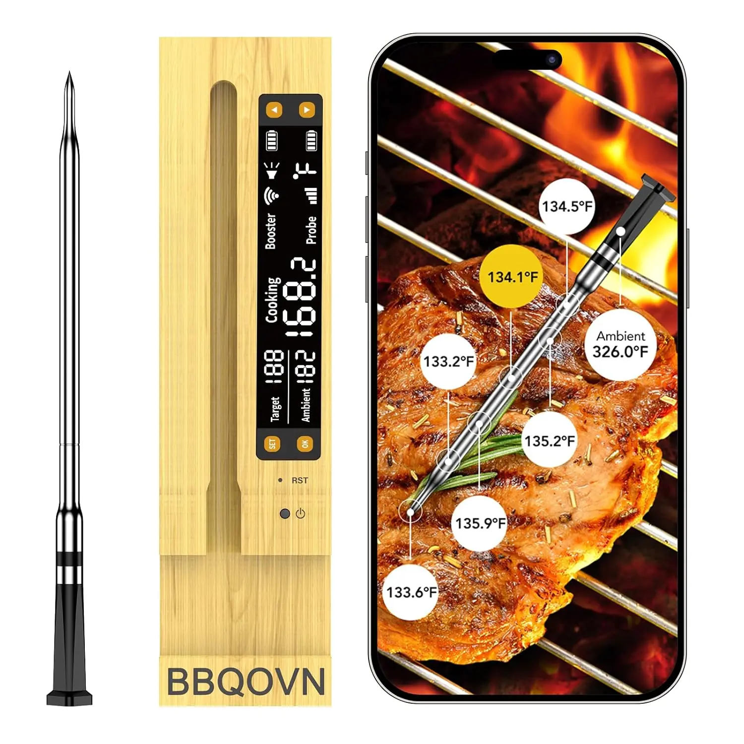 Wireless Meat Thermometer BBQ6 Smart Bluetooth Monitoring with 7 NIST Sensors Large Screen for BBQ Grills Ovens & Smokers Precise Temperature Monitoring Compact Design