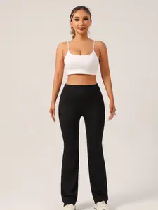 Vertical Stripe Ribbed Yoga Pants, High-Waisted Slimming Butt-Lifting Flare Leggings, Stretchy Sporty Casual Workout Trousers, Fitness Bottoms