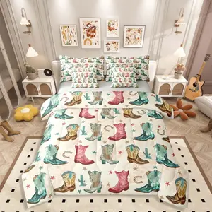 Cowboys Boots Comforter Set with Sheets for Kids Girls Teens (Beige,) - Western Cactus Horseshoe 7-Piece Bedding Set,Stars Vintage Bed in A Bag Country Rustic Bedding Collections