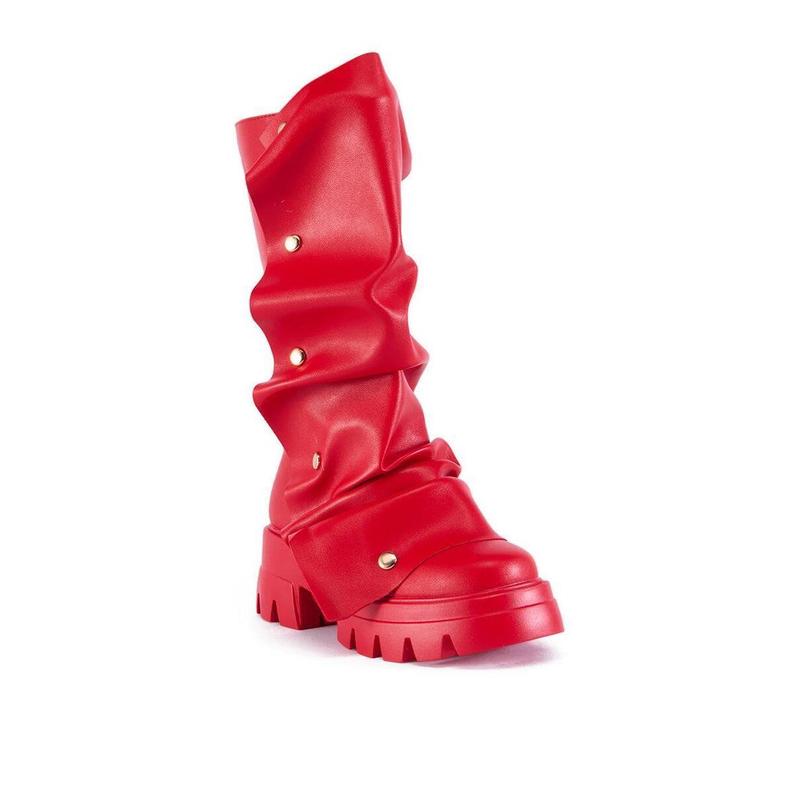 AZALEA WANG SYBEL BUTTON FLAT BOOTIE IN RED