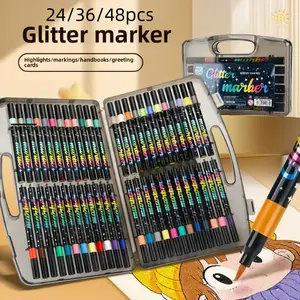24/36/48 Colors Glitter Effect Brush Markers, 1-5mm Soft Brush Shimmer Marker, Doodle Writing, Glitter Art Crafts, DIY Crafts, Greeting Cards, Art Craft Supplies, Coloring Materials Set