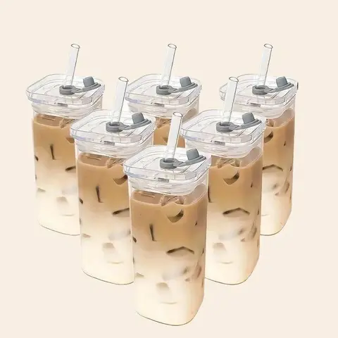 BPA-Free Square Cold Brew Glass Mugs (4-Count/6-Pack, 400ml, 0-500ml Range) with Straw & Lid - Heatproof, Durable, Reusable, Washable, Portable, Easy-to-Use Plain Tumblers for Adults, Dining, Hiking