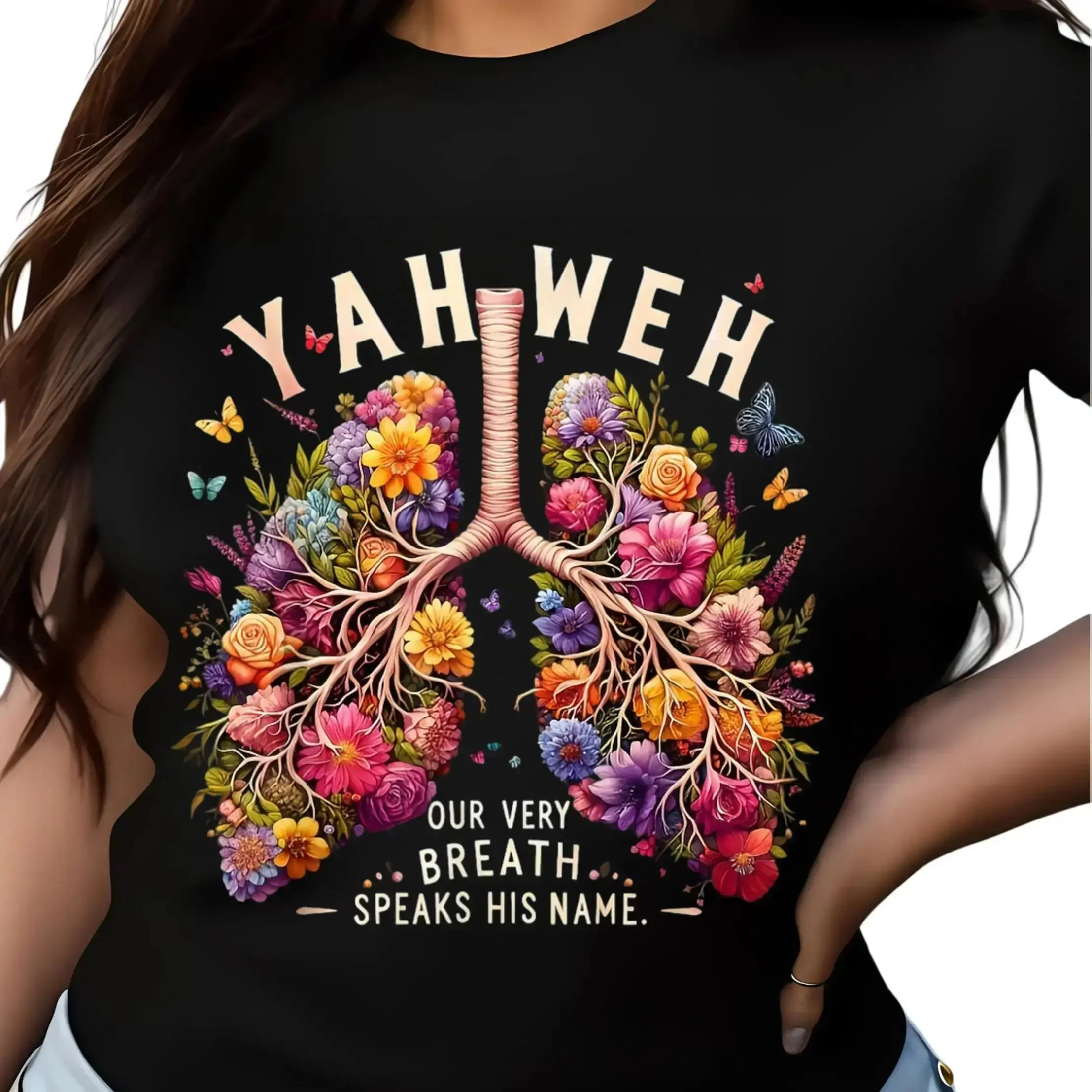 Men's Yahweh Floral Lungs T-Shirt - Christian Faith Top with Bible Quote, Religious Graphic, Streetwear Seamless Twist Pieces Tee pxt01, Tops, Shortsleeve