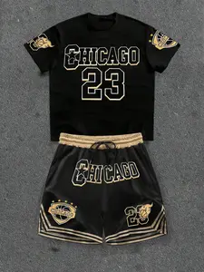 Men's Trendy Basketball Style Two-Piece Set, 'chicago 23' Design with Mesh Shorts, Casual Oversized Fit for Weekend Outings, Sports Clothing, Sports Bottoms, Sports Tops, Workout Set, Sportswear Clothing
