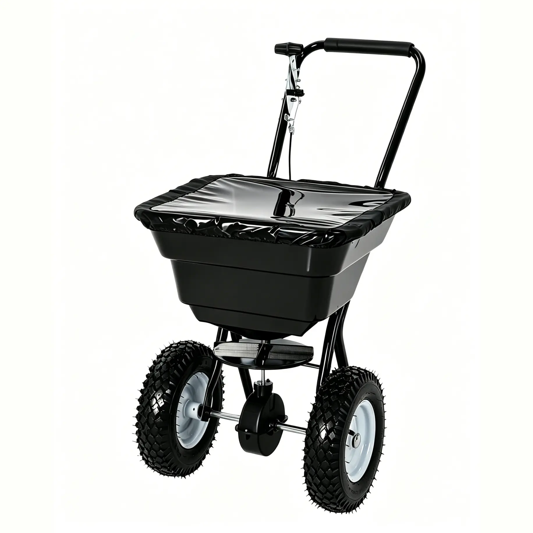 Heavy Duty 125LB Tow & Pull Behind Broadcast Spreader – 9.8FT Spreading Width, Dual Auto-Stop Impeller, 30 Adjustable Settings, All-Terrain Wheels, Rain Cover, UTV ATV Riding Mower & Tractor Compatible