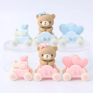 3/6pcs-Cute bear train cake topper decoration, baby shower cake decoration, soft rubber doll decoration, teddy bear birthday cake decoration, baby shower decoration, gender reveal party, Set, Ornaments