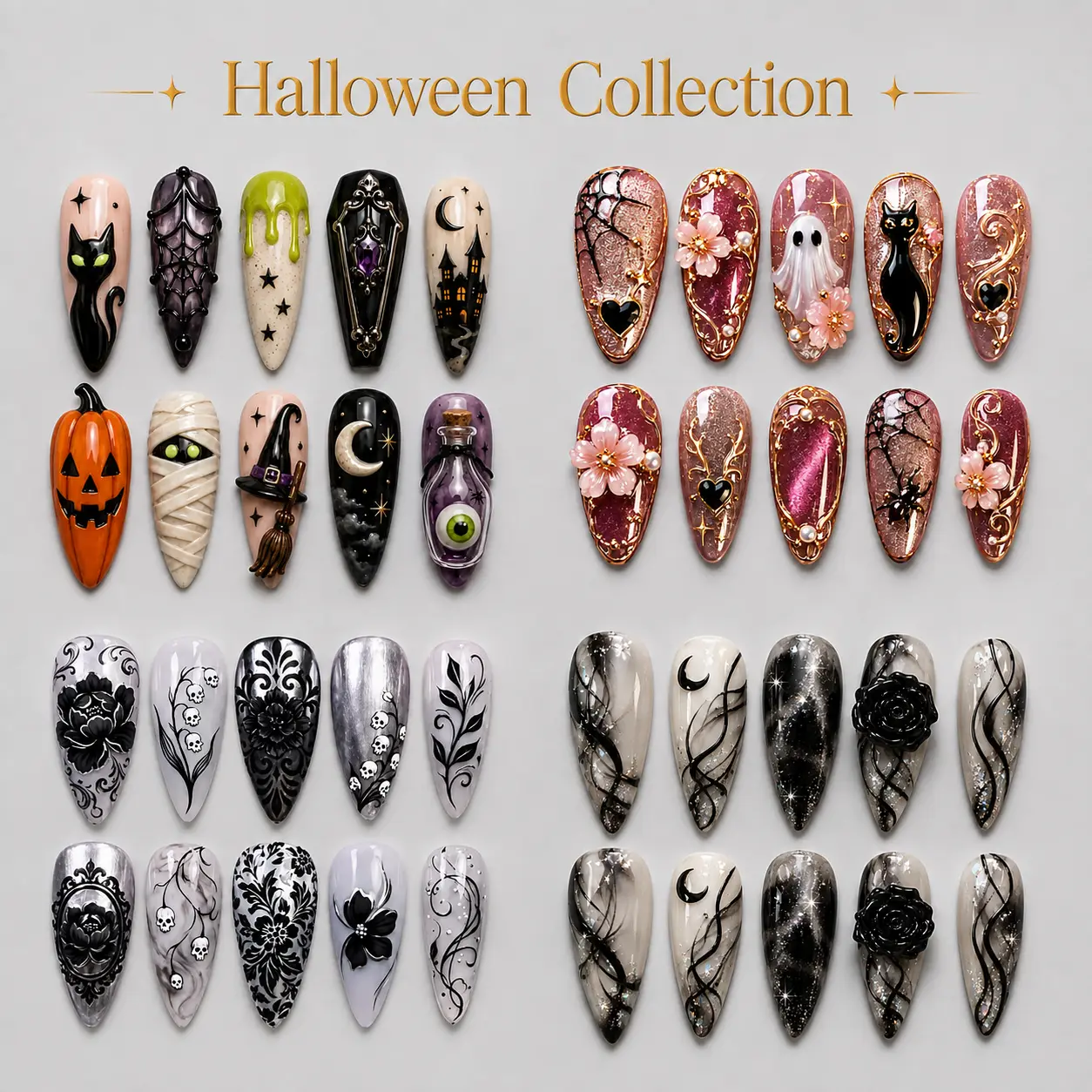 NAILCOUTURE Halloween Luxury Handmade 3D Nail Art Reusable Press On Nails | Long & Medium Almond Stiletto Square Coffin Olval Sculpted Gel Nails | Artisan Summer Floral Butterfly Shell Collection