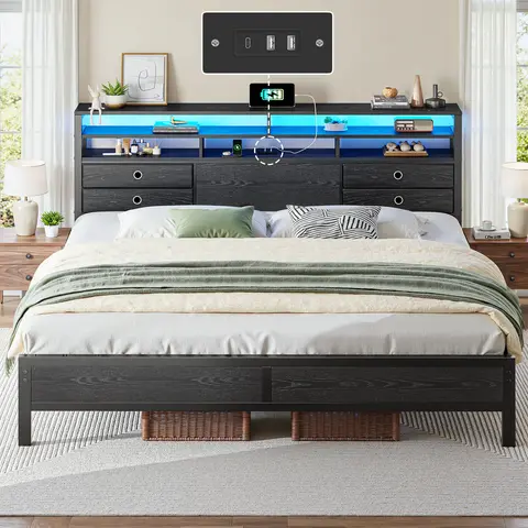 Raybee LED Bed Frame with Charging Station, Moden Wood Platform Bedframes with 2-Tier Storage Headboard and 4 Drawers, 13.6" Underbed Storage, Capacity 1100LBS with Metal Frame, Slats & Legs, No Noise, No Box Spring Needed, Full Queen King, Black, Brown