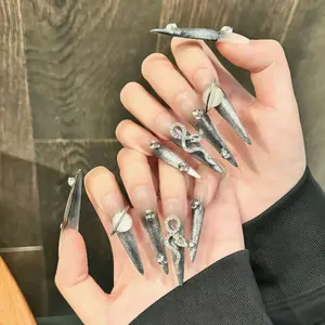 Long Stiletto Fake Nails Long Tip,Extra long 3d ins style,Fashionable Sweet cool and spicy girl y2k atmosphere,Gothic Stiletto Nails with Accents,Colorblock Bow Rhinestone Press-On Nails,nail detachable nail,Handmade Acrylic Square Press-On Nails