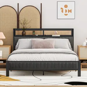 Vintage Industrial Bed Frame Twin/Full/Queen size with Charging Station & Storage - USB Ports, Metal Slats, Upholstered Headboard