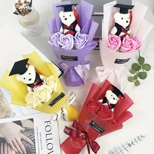 Graduation Bear Bouquet with Roses and Sunflowers, Perfect for Valentine's Day, Mother's Day, Teacher's Day, Home Decor Gift Idea