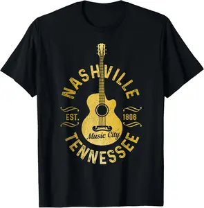 100% Cotton Nashville Tennessee Country Music City Guitar Vintage Nash T-Shirt