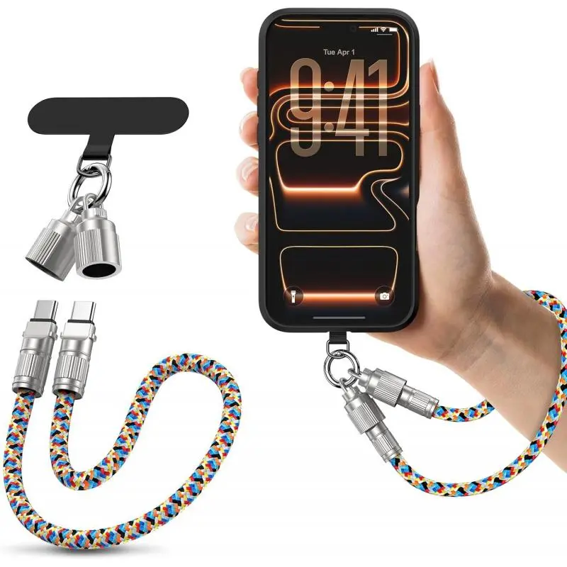 1-Pack 2-in-1 Phone Lanyard Charging Cable, Colorful Braided Wrist Strap with Universal Tether Patch, Portable USB-C Charger Cord