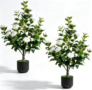 2-PCS Silk Artificial Camellia Tree Set with Pot, 35-in Lifelike Fake Plants, Realistic Potted Flowers for Indoor Home & Outdoor Courtyard Decor