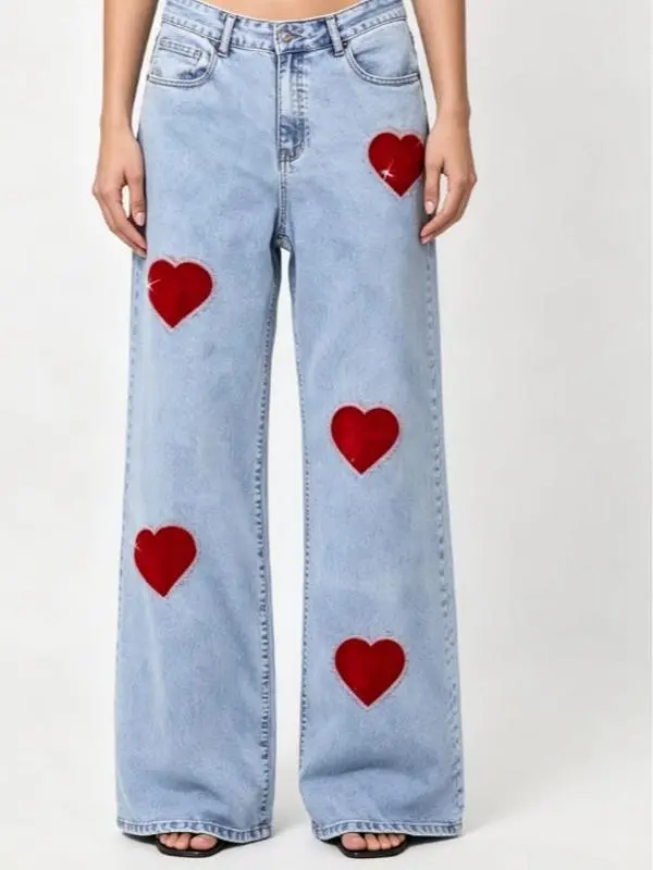 Asymmetric Scattered Shiny Red Heart Split Leg Graphic Unisex High Waist Wide Leg Denim Pants Summer Cool Soft 100% Denim Direct Spray Print Y2K Sweet Casual Trousers