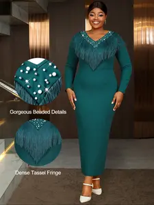 Women's Fashion Tassel Fringe Beaded V-Neck Formal Party Dress Long Sleeve Bodycon Cocktail Dance Dress, Elegant Evening Gown for Special Occasions