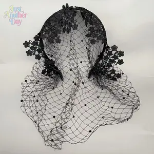 Bridal Lace Net Veil Headband, Vintage Floral Lace Fascinator with Rhinestones, Retro Tea Party Face Cover Hair Hoop for Special Occasions