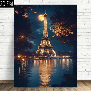 2D Flat, 1pc Paris Eiffel Tower Moonlit Night Canvas Poster - Wall Decor with Full Moon & Reflections, Modern Vintage French Landmark Art Print for Living Room, Bedroom, Office - Ready-to-Hang Horizontal Painting, Art Decor,