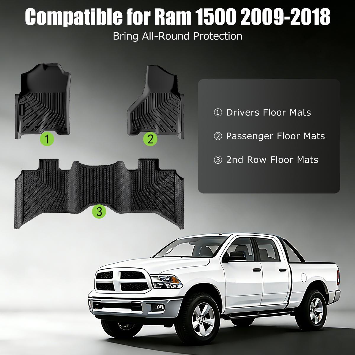 Floor Mats 3pcs for Ram 1500 2009-2018 All-Weather Automotive Floor Mats Waterproof Heavy Duty Car Mats Flexible Floor Liners