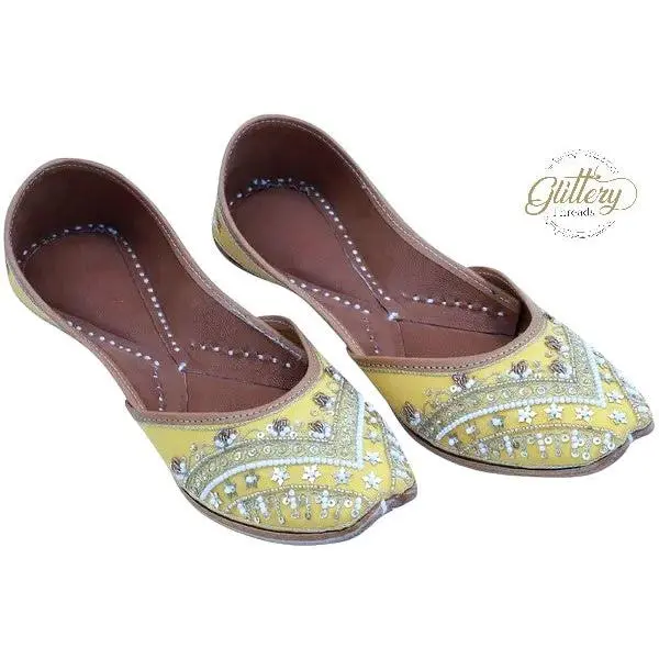 Yellow Leather Punjabi Jutti with Zardosi Work | Indian Mojari Shoes| Women's Khussa | Indian Ballet Flats