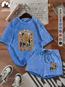 Western cowboy skeleton horse women's suit, Halloween ghost print pattern, round neck casual, outdoor sports, women's four-season short-sleeved and stretch shorts suit, washed and distressed style casual two-piece suit, holiday gift