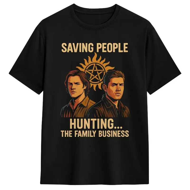 Men's Supernatural Winchester Brothers Pentagram Sun Symbol Graphic Crew Neck T-Shirt, Black Pure Cotton Oversized Short Sleeve Tee, Horror TV Show Retro Casual Summer Top