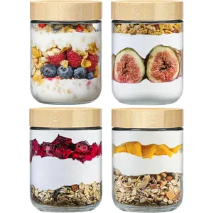 Glass Overnight Oats Containers with Lids 4 Pack 16oz | Airtight Wide Mouth Mason Jars for Meal Prep Yogurt Chia Pudding | Stackable Glass Food Storage