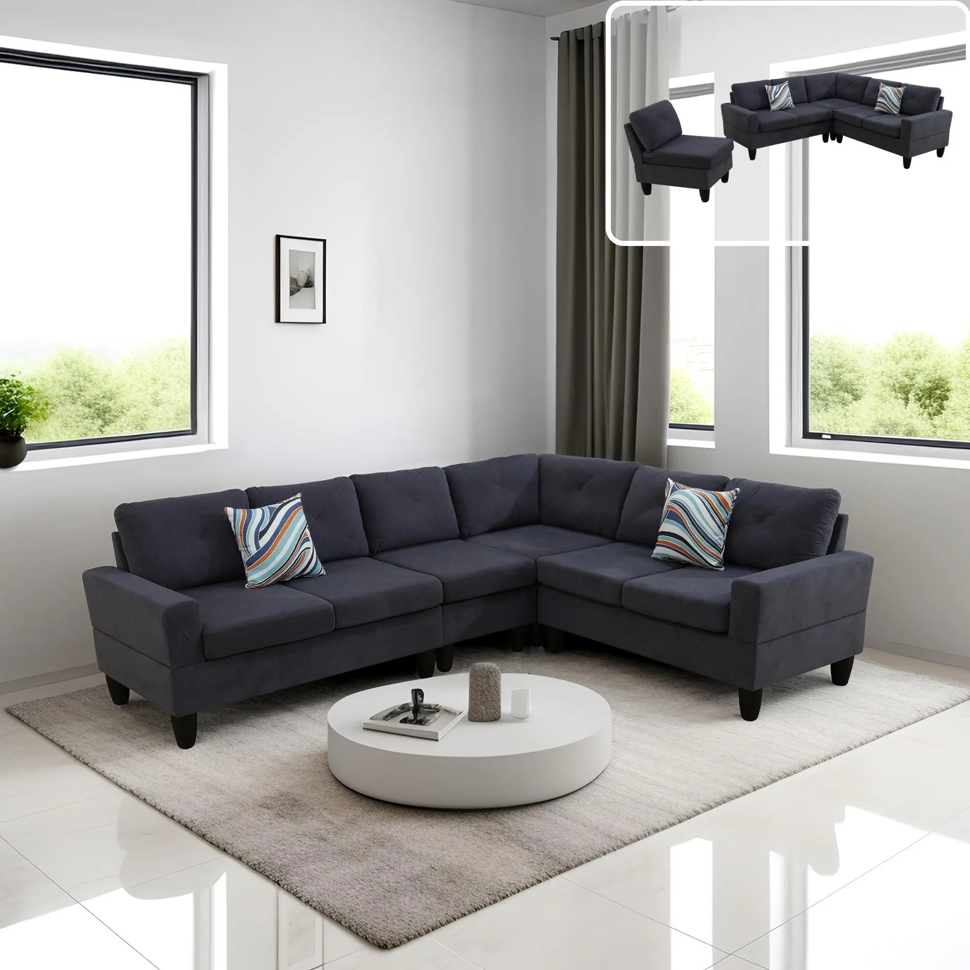 Modern Dark Grey Microfiber Flannel Cotton Conversation Sofa Set - 4-Piece Fabric Sofa Couch, Sturdy Family Couch Set for Living Room, Bedroom Apartment