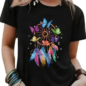 Butterfly Pattern Casual T-Shirt Women's Crew Neck Short Sleeve Regular Version 180g Knitted Fabric Black Elegant Everyday Outfit Tops