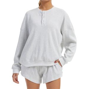 AnotherChill Women's Oversized Waffle Knit Lounge Set – Long Sleeve Henley Sweatshirt and High Waisted Shorts 2 Piece Casual Outfit summerwins